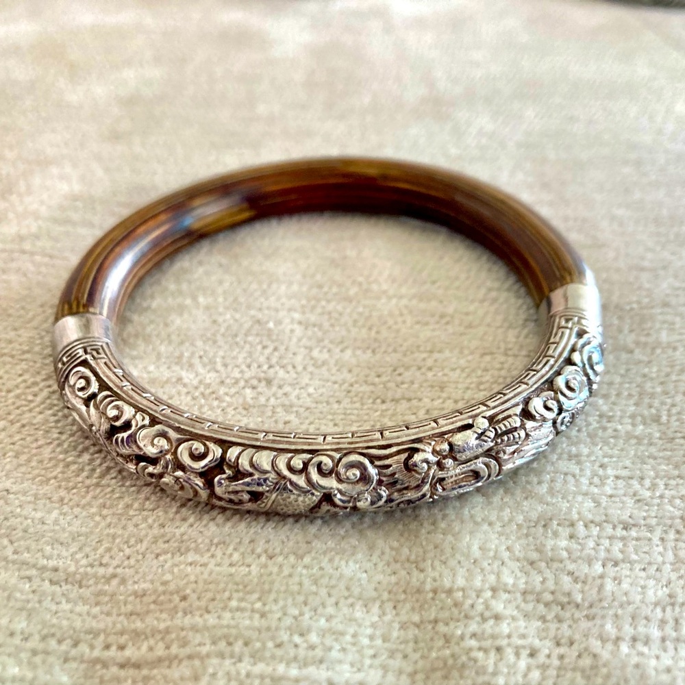 Antique Bamboo Bracelet with Carved Silver Accent
